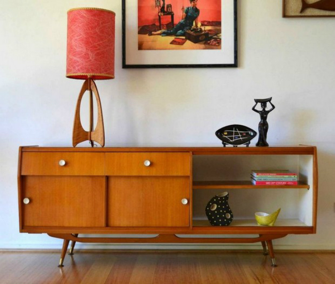 Awesome-32-Original-Mid-Century-Sideboards-With-white-wall-and-red-table-lamp-and-wall-painting-and-wooden-sideboard-and-wooden-floor